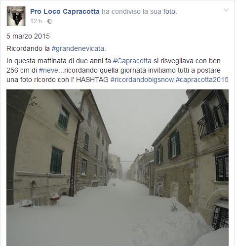 Il post della Pro Loco sulla grande nevicata del 2015